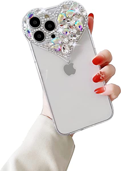 iPhone 12 Mini ケース おしゃれ 可愛い ハート デザイン キラキラ ラインストーン 付き カメラ 保護 女性 人気 ソフト シリコーン ケース カバー (for iPhone 12 Mini Case Cute Luxury) - クリア 送料無料