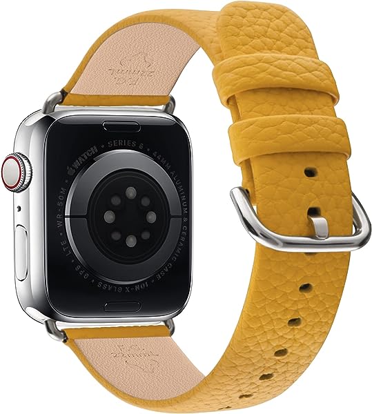 apple watch 交換 バンド 交換ベルト 40mm 41mm 44mm 45mm トップレザー 交換用 ストラップ iWatch 8 Series 7 Series SE Series 6 Series 5 Series 4 ビジネス 交換用 レディース メンズ ユニセックス 男女兼用 本革 レザーバンド(40/41mm イエロー/シルバー...