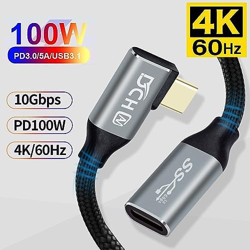USB Type-C 延長 ケーブル L字 PD 100W 20V 5A 超急速充電 4K 60Hz 映像出力 USB C メス USB C オス 変換 エクスタンダー USB3.1 Gen2 10Gbps 高速データ転送 ナイロン編み (2m) 送料無料