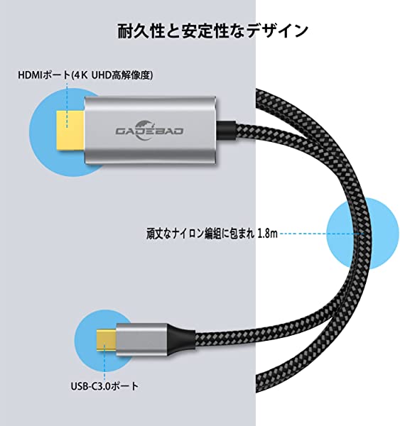 USB C HDMI 変換 ケーブル TypeC HDMI アダプタ [HDMI 4K映像出力&Thunderbolt 3対応]1.8m USB タイプC HDMI 変換ケーブル MacBook Pro Air /iPad Pro 2018 2020 /Huawei Matebookなどデバイス対応 送料無料 3