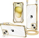 iPhone 15 ケース クリア ショルダー 縄掛けケース 耐衝撃 スマホケース 透明 薄型 軽量 TPU カバー 肩掛け 斜めかけ 紐付き 織りストラップ付き 長さ調整可能 取り外し可能 落下防止 紛失防止 ワイヤレス充電対応 ゴールド(2)