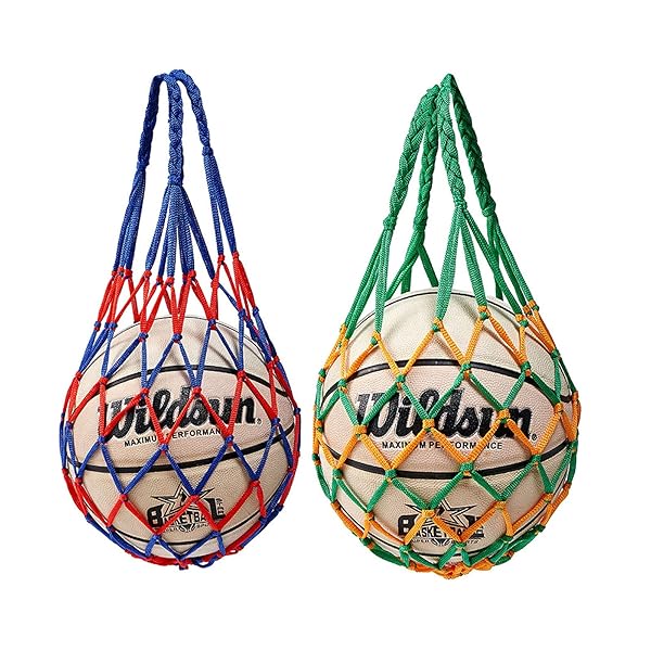 ボールバッグ 網袋 バスケットボールバッグ サッカーポーチバッグ バレーボール かばん 持ち運び 多機能 収納 2個セット (赤青 / 黄緑)