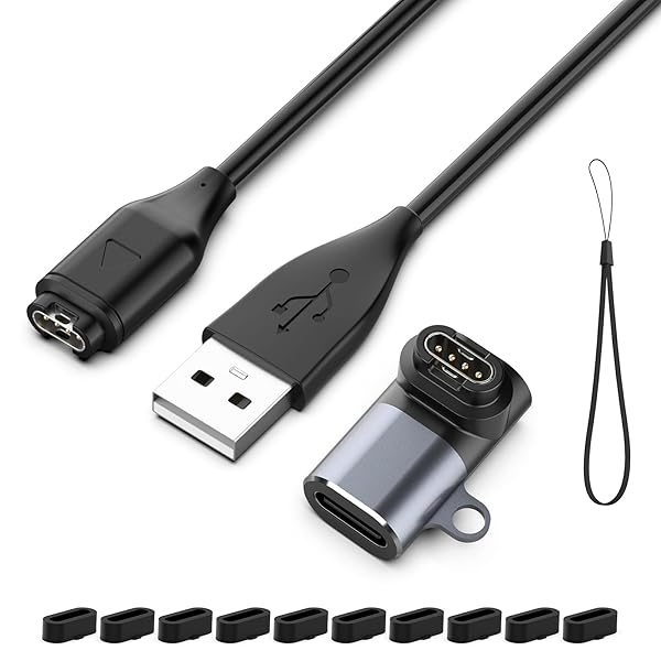 Garmin 対応 変換アダプター 充電ケーブル 急速充電 L型Type-C用プラグ変換 1個 + USB 充電器 1個 + 防塵プラグ 10個 + ストラップ付き 1個 Forerunner 965 / 945 / 265 / 255用 ForeAthlete用 Vivosmart5用 Move / Sport用 Venu 2 / 2S用 Vivoactive用 Fenix...