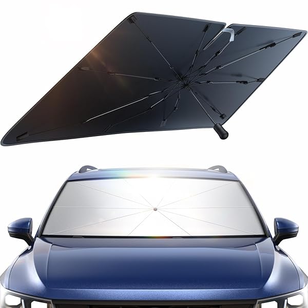 サンシェード 傘型 折りたたみ式 遮光 遮熱 UVカット 紫外線遮蔽 強化10本骨＆内装を傷つけない設計 簡単取付＆収納バッグ付き 曲がる傘柄 シリコン製傘柄カバー＆ダッシュボード保護 Lサイズ (145×79cm)