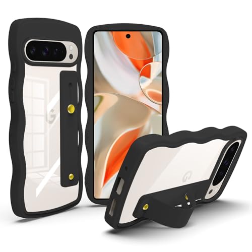 Google Pixel 9 Pro ケース クリア スタンド機能 ピクセル 9 Pro スマホケース 耐衝撃 カバー 透明 軽量 薄型 おしゃれ 人気 ストラップホール (ブラック)(2.0)