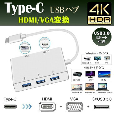 Type-c 変換 HDMI VGA USB3.0 ハブ 3ポート USB C HUB Thunderbolt 3互換性 4K HDMIデジタル AV MacBook Chromebook ピクセル などに対応 AKARAHHENKAN