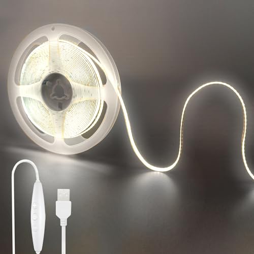5V COB LEDストリップライト 調光スイッチ付き 3M 昼白色 6500K LED320個 / M 強力な光 幅8mm 非防水IP..