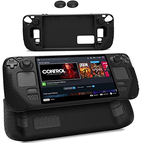 Steam Deck ケース カバー 保護ケーススチームデッキ用保護カバー シリコン素材 傷防止 全面保護 耐衝撃 軽量 放熱設計 滑り止め 2つのジョイスティックキャップアクセサリ付き (ブラック)