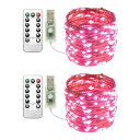 USBフェアリーライト 2パック 20mのピンク 100LED USB銅線ストリングライト リモコン付き 8種類のモード タイマー機能 調光可能 クリスマスやベッドルーム 屋内外に対応 送料無料