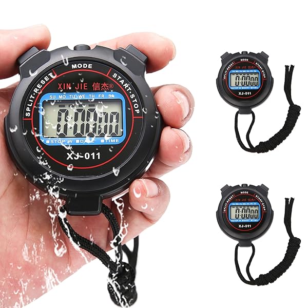 ストップウォッチ 2個入 スポーツタイマー 防水 高精度 ストップ ウォッチ カウントダウンタイマーエクササイズフィットネス 大画面分割タイマー 電池交換可 バッテリーとストラップ付き(ブラック*2)(2)