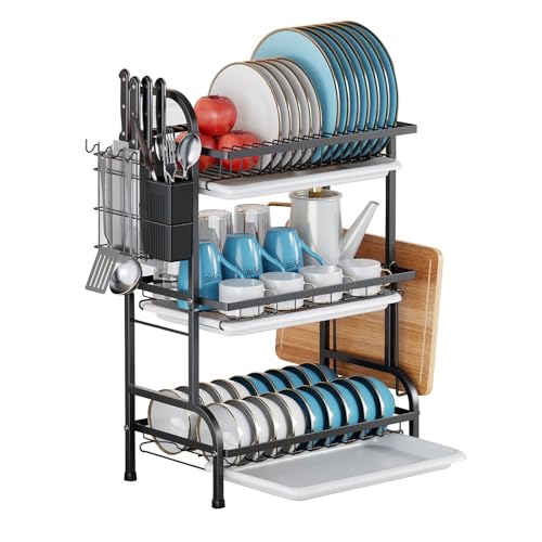 水切りラック 3段 シンク上 水切りかご 食器乾燥ラック ディッシュラック キッチン収納ラック 台所用品ホルダ キッチン収納棚 横置き おしゃれ 自然乾燥可能 大容量 耐荷重10kg 滑り止め 組み立て簡単 省スペース 水が流れる 食器 皿 箸立て 包丁スタンド ま ...