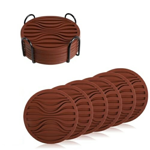 コースター 6枚セット 収納ケース付き シリコン製 立体構造 水滴受け止め 滑り止め クッション性 傷防止 直径10cm (ブラウン)