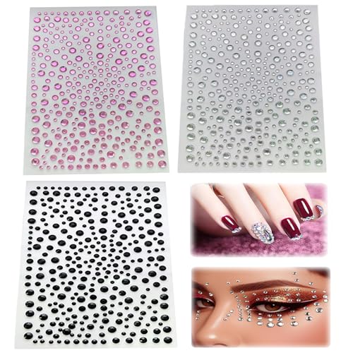 ラインストーンステッカー 顔 シール 3枚セット ジュエリーシール 円形 ダイヤモンド デコパーツ 携帯電話飾り用 DIY用 多種多様 手芸用品 アクセサリーパーツ(透明 黒 ピンク) 送料無料