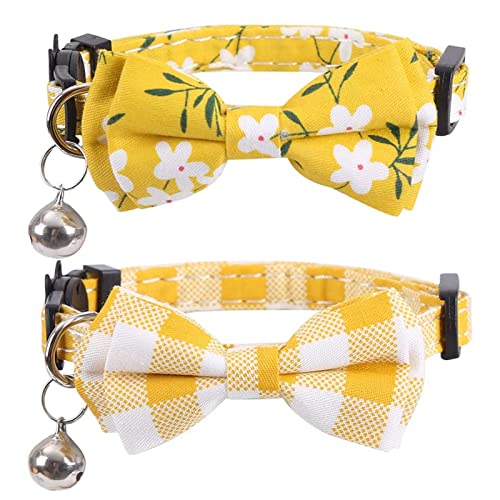 猫首輪 猫用 首輪 子犬 猫の首輪 2個セット おしゃれ 鈴付き 蝶結び付き サイズ調節可能 可愛い 軽量 ペット首輪 セーフティバックル付 花柄+チェック柄 ...