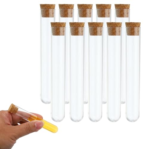 試験管 プラスチック ラウンドベース コルクストッパー付き 透明 漏れ防止 密閉 容器 漏れ防止 試験管 保管容器 科学実験 DIY装飾用 多用途 10本セット...