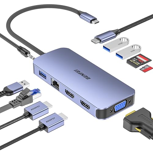USB-C マルチディスプレイ ドッキングステーション 高耐久 シリコンケーブル付属 トリプルHDMI / VGA / 3USB3.0 / SD & TFカードリーダー / ギガビットLAN / 100W PD充電 / 3.5mmオーディオ対応 スペースグレー ノートPC拡張ハブ 送料無料