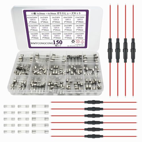 6x30mm 5x20mm インラインヒューズホルダー 10個 ＋ 150個 15値 ファストブローガラス管ヒューズ250V 5..