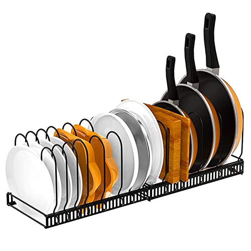 フライパンスタンド 伸縮式 フライパンラック 12本仕切りパーツ付き 鍋収納ラック 鉄製 簡単な組み立て式 調整可能 鍋スタンド 多機能 省スペース 耐久性 鍋蓋 収納 引き出し用 シンク下用 ブラック