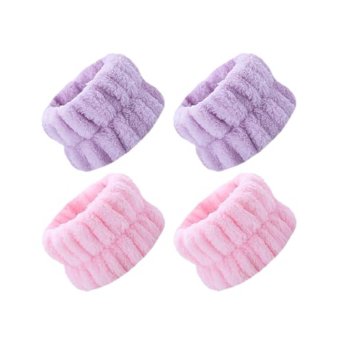 送料無料 手首 タオル リストバンド ふわふわ ウォッシュバンド おしゃれ 手首 バンド 洗顔用 タオルリスト 伸縮性 2ペア入り 吸水性 速乾 柔らかい かわいい 袖濡れ防止 防水 汗対策用 汗止めバンド 吸水 多機能 子供 家事 男女兼用 (パープ