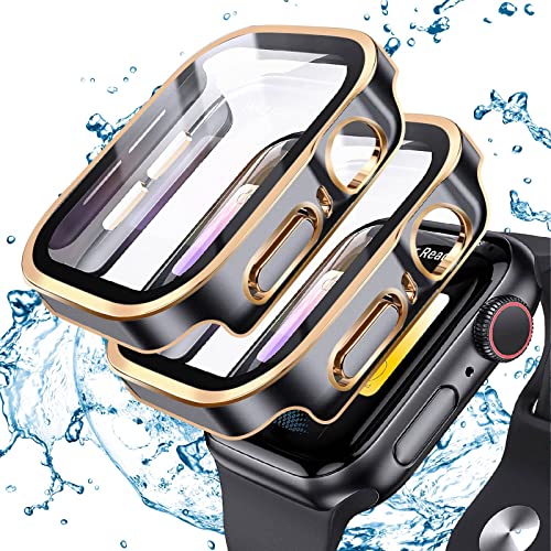 Apple Watch ケース 44mm 防水ケース 3D直角エッジデザイン メッキ加工 カバー ガラスフィルム ケース 耐衝撃 カバー 全面保護 高透過率 Apple Watch Series SE2/SE/6/5/4 44mm アップルウォッチSE2/SE/6/5/4 44mm ブラック/ゴールド 2枚 送料無料