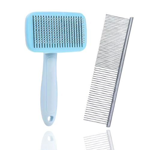 ペット ブラシ スリッカーブラシ 犬ブラシ 猫ブラシ コーム付き 短毛/長毛対応 ぽちっと押すだけ ワン..