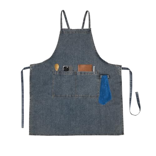 エプロン ポケット付き 調節可能 コットン デニム ジーンズエプロン 男性女性用 キッチン BBQ ガーデン ワークショップ用