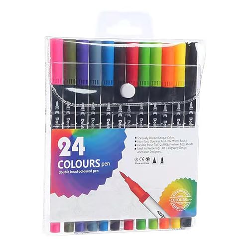 水彩ペン 24色セット カラーペン 双頭 水性ペン マーカーペン 太字/細字両用 手作り DIY 子供用 学校 絵画教室 プレゼント 落書き 手描き 塗り絵 お...