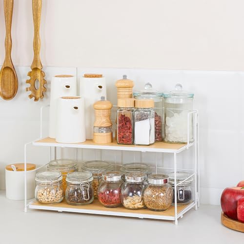 収納ラック 卓上 2段 折りたたみ式 調味料 化粧品 洗面所 デスク整理 キッチン＆オフィスラック大容量 整理整頓 スッキリ (原木色棚板+白色フレーム)