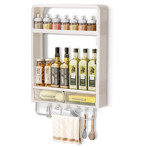 調味料ラック ウォールシェルフ 壁掛け棚 穴開け不要 錆びない スパイスラック 調味料入れ 壁を傷つけない 賃貸OK 調味料棚 調味料 収納 引き出し タオルバー フック付き キッチン調味料ラック キッチン 収納 調味料置き 2段 ホワイト