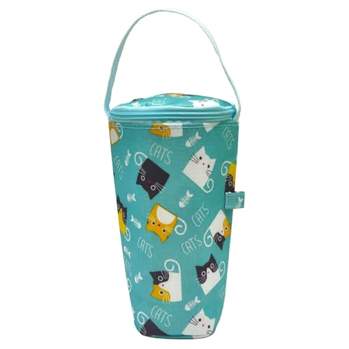 水筒カバー 保温 断熱 大容量 ペットボトルカバー ペットボトルホルダー 手提げ アイスコーヒー ストラップ 水筒 保温 魔法瓶 ケース ペットボトル ほるだー ボトル用 ポーチ アルミニウムフィルム オックスフォード布製 (ネコ 青い) 送料無料