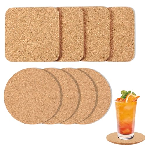 コースター コルク 木製コースター 丸型 四角形 直径100mm 厚さ5mm コーヒーテーブル用コルクコースター ドリンクコルクコースター 耐熱性 滑り止め性 吸水性 再利用可能 家庭 レストラン カフェに適しています (8個入り) 送料無料