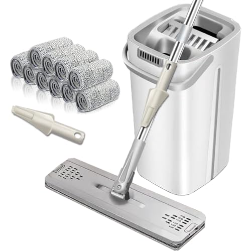 水拭きモップ フロアモップ モップ 拭き掃除 フラットモップ モップ絞り器付き バケツ付き 10枚交換モップパッド付き 手洗い不要 腰曲げず 乾湿両用 掃除用品 掃除道具 mop 床掃除 家庭用 業務用