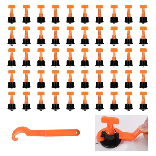 タイルスペーサー タイルクリップ 目地スペーサー タイルレベリングシステム レベラーを備えた再利用可能 壁床構築用 タイル レベリング 特殊レンチ付き (50個セット)