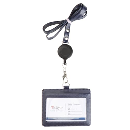 IDカードホルダー 横型 首掛け 伸縮リール付き 両面 社員証ケース PUレザー 定期入れ ネームホルダー ..