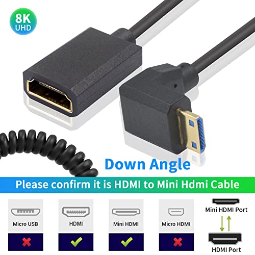 8K 下向き HDMI ミニHDMI 延長コイルケーブル 48Gbps 超薄L字型 ミニHDMIオスHDMI...