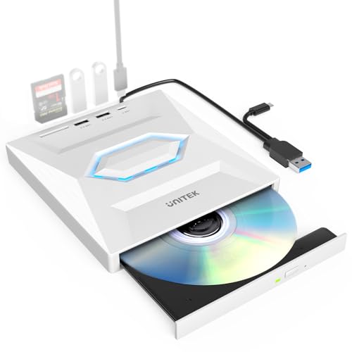 外付けCD DVDドライブ USBハブ機能搭載 USB 3.0 / Type Cポート付き ポータブルドライブ 読み込み・書き込み SDカードリーダー [Windows 11 / 10 / 8 / 7・Mac Pro / Air・MacBook・Linuxなどに対応] 薄型 超高速 軽量 コンパクト 静音 補助電源入力ポート ス...