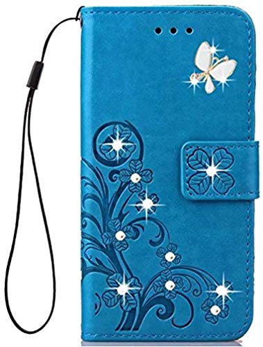 かんたんスマホ3 A205KC ケース おしゃれ 四つ葉 クローバー PUレザー 手帳型 カード入れ スタンド機能 耐衝撃 防塵 耐久性 装着やすい 吸着の機能 キラキラ 胡蝶 ラインストーン デコ メチャ可愛い スマホカバー (ブルー) 送料無料
