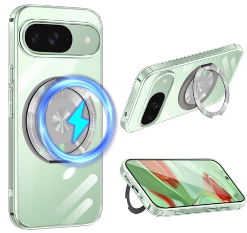 Google Pixel 9 ケース クリア 360°回転スタンド MagSafe ワイヤレス充電 耐衝撃 ピクセル 9 カバー 軽量 薄型 人気 Pixel9 スマホケース 透明 TPU + PC 車載ホルダー (クリア) 送料無料