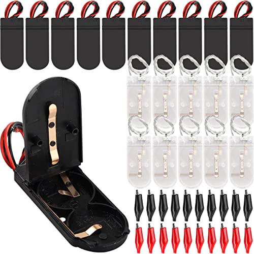 2x3V CR2032セルボタンケース 電池ホルダー スイッチ付き 20個のバッテリー ソケット6V オン / オフとリード線 10 個の黒 + 10 個の透明 20 個のクロコダイル クリップ付き