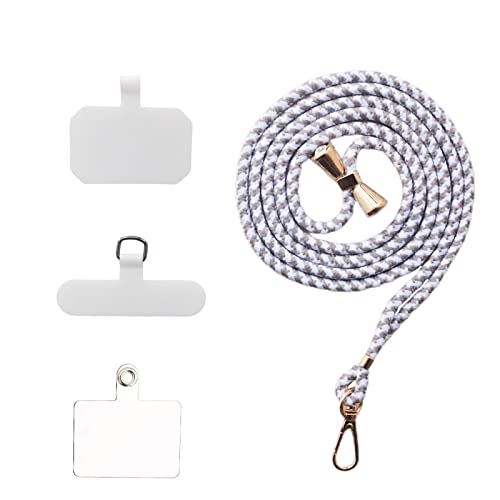 スマホストラップ ネックストラップ ナイロン製 1本+3枚入 スマホ タグパッチ 携帯ストラップ 肩掛けストラップ 首掛け 斜め掛け 長さ調整可能 軽量 着脱簡単 紛失 / 落下防止 携帯 / 鍵 / カメラに 全機種対応 (Gray and white) 送料無料