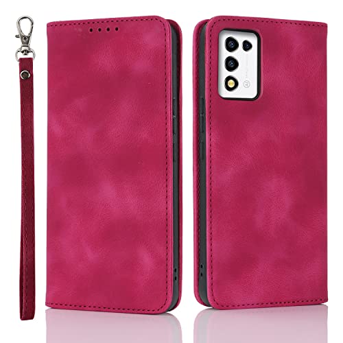 ZTE Libero 5G II ケース 手帳型 libero 5g ii A103ZT ストラップ libero5g2 耐衝撃 リベロ5g 2世代対応 カバー Y!mobile マグネット式 カード収納 レザー スエードの質感-ローズレッド 送料無料