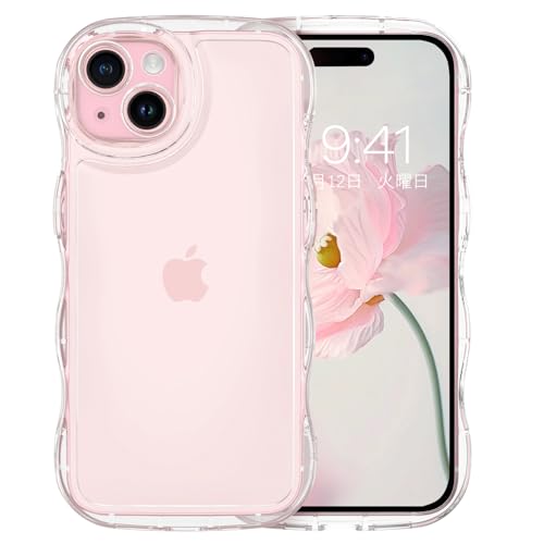 iPhone15 ケース クリア ウェーブ iPhone 15 うねうね 透明 ケース TPU 可愛い 人気 バンパー スマホケース 15 耐衝撃 超軽量 薄型 ワイヤレス充電 ストラップホール付き アイフォン15 なみなみ カバー (クリア 透明 ) 送料無料