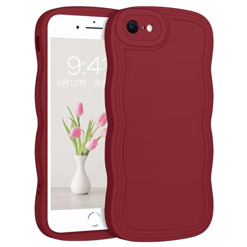 iPhone SE3 ケース ウェーブ うねうね 可愛い 第2世代 第3世代 スマホケース ソフトTPU バンパー 耐衝撃 超軽量 薄型 滑り止め ワイヤレス充電 ストラップホール付き アイフォン SE3/SE2/8/7 なみなみ カバー (赤い ワインレッド 深紅色) 送料無料