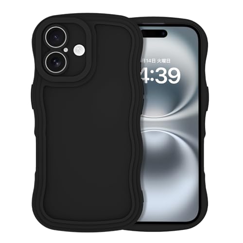 iPhone16 ケース ウェーブ うねうね カバー スマホケース 可愛い おしゃれ 人気 ソフトTPU バンパー 耐衝撃 超軽量 薄型 滑り止め ワイヤレス充電 ストラップホール付き アイフォン 16 6.1インチ なみなみ ケース (ブラック 黒い) 送料無料