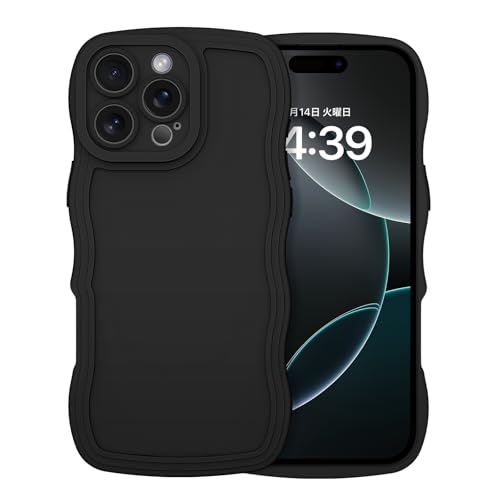 iPhone 16 Pro Max ケース ウェーブ カバー うねうね TPU 可愛い おしゃれ 人気 ソフト スマホケース バンパー 耐衝撃 超軽量 薄型 滑り止め ワイヤレス充電 ストラップホール付き ブラック 送料無料