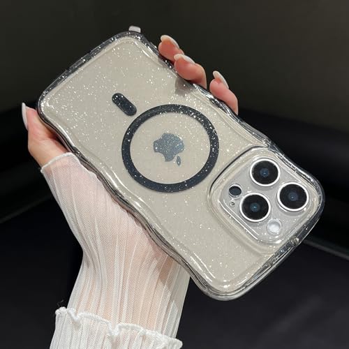 iPhone 16 ケース MagSafe クリア キラキラ カーリー ウェーブ フレーム 女性用 女の子用 男性用 iPhone 16 用スマホケース ブラック 送料無料