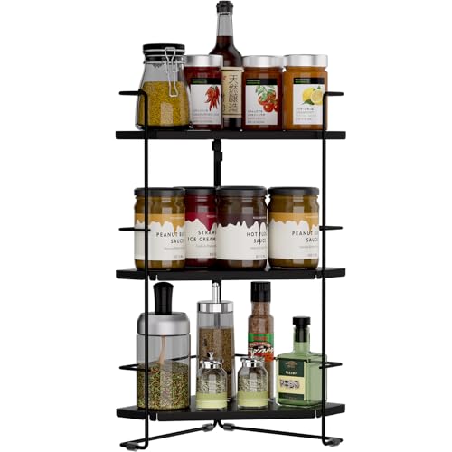 スパイスラック 調味料収納ラック 高さ調整可能 3段 調味料ラック 棚板位置変更可 キッチン収納ラック 台所収納 組み立てが簡単 省スペース 大容量 (ブラック 3段)
