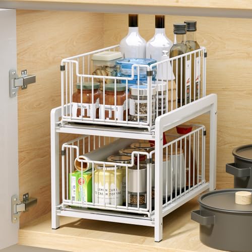 シンク下ラック 収納 スライド 大容量 引き出し 2段 キッチン収納 洗面台下 収納ラック キッチンラック 台所 整理収納 キッチンストッカー スチール製丈夫 シンク下収納ラック (White)