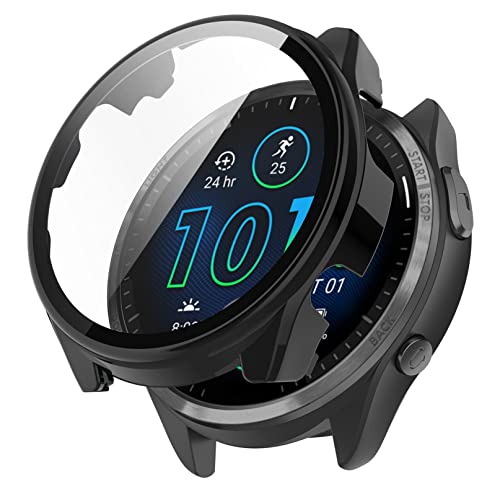 Garmin Forerunner 965 ケース カバー PC+強化ガラスフィルム 9H硬度 互換品 一体型保護ケース 保護カバー 耐衝撃 全面保護 アクセサリー (ブラック) 送料無料