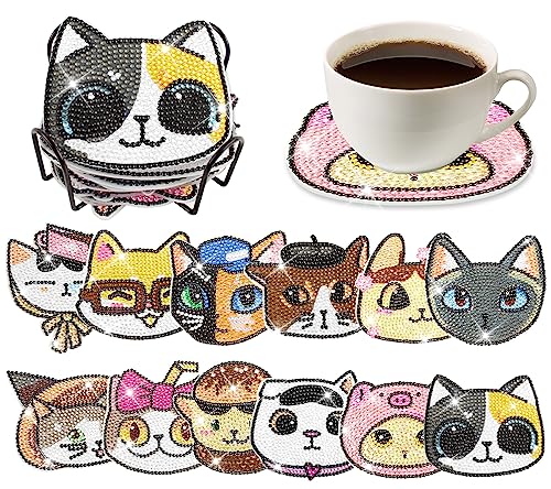 ダイヤモンドアート猫 コースター キット ビーズアート セット ホルダー付き DIYダイヤモンドペインティング 5Dダイヤモンド塗装キット コースター 手芸キット 初心者 大人 子供用 人気 アートクラフト用品 12個入